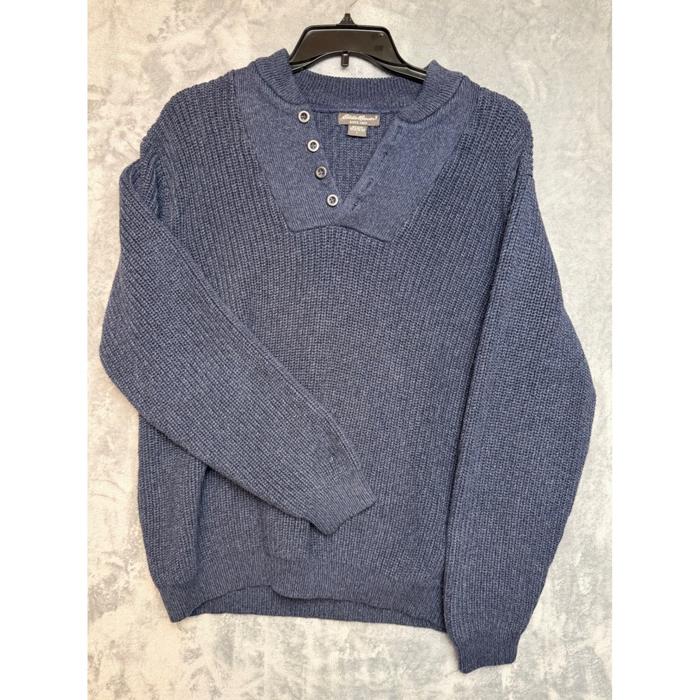 Eddie Bauer Mens Large Navy Blue Cotton Shaker Stitch Button Henley Sweater